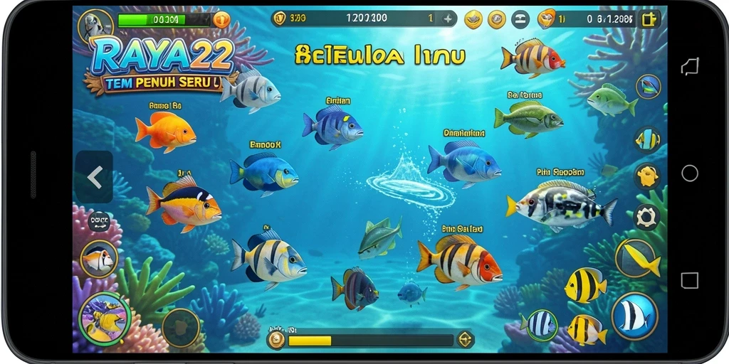 Tangkapan layar utama RAYA22 menampilkan gameplay seru saat menangkap ikan.